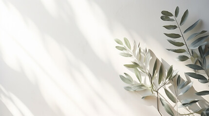 Fototapeta na wymiar Blurred shadow from leaves plants on the white wall. Minimal background. AI Generative