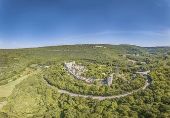 Drone shot of historical geyser town Dvigrad on Croatian peninsula Istria