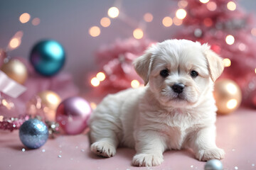 Realistic cute dog in Christmas decorations. Christmas winter holiday composition. Generative AI.