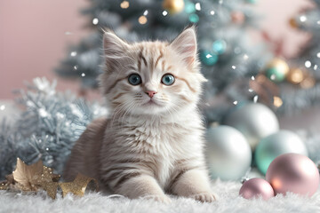 Realistic little cute kitten in Christmas decorations. Christmas winter holiday composition. Generative AI. - obrazy, fototapety, plakaty