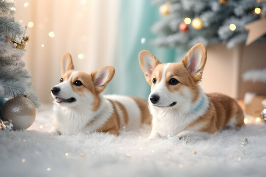 Realistic cute corgi in Christmas decorations. Christmas winter holiday composition. Generative AI.