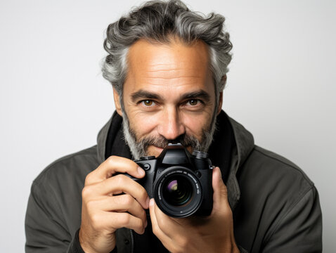 Portrait of Mature Photographer Capturing Image with Camera Indoors