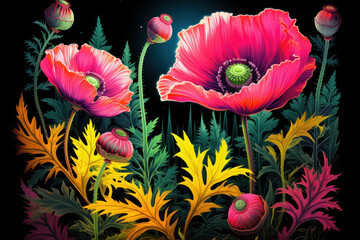 Glowing neon-colored poppies on black background, psychedelic art