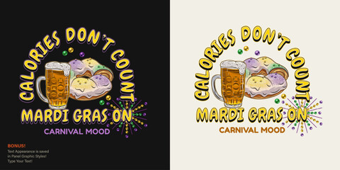 Carnival fun Mardi Gras label with full glass of beer, traditional king cake, text. For prints, clothing, t shirt, surface design. Vintage illustration with editable font style. Not AI