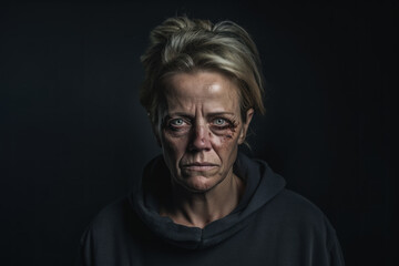 Beaten up middle aged woman, victim of domestic violence - obrazy, fototapety, plakaty
