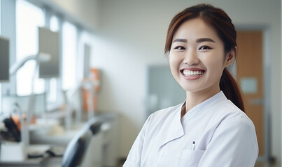 young asian nurse isolated in clinic background - obrazy, fototapety, plakaty