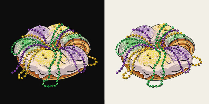 Mardi Gras traditional king cake, roll with yellow, green, purple sprinkles, strings of beads. Vintage illustration on black, white background.
