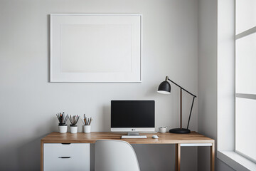 Office workspace interior frame mockup with desk and laptop