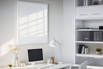 White workspace interior frame mockup with desk and laptop