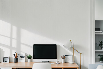 Office workspace interior frame mockup with desk and laptop