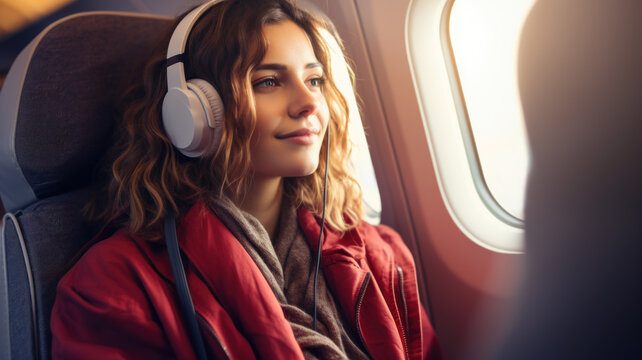 Adult girl listens to music sitting in flying plane, young woman uses mobile phone and headphones inside airplane. Concept of travel, flight, playlist, song, technology, passenger