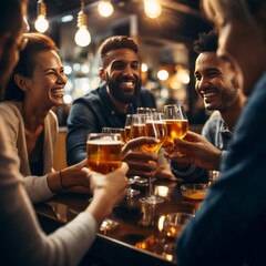 Brewery Banter Bliss: Group of Friends Savoring Beers, Reveling in Happy Hour at Pub Restaurant