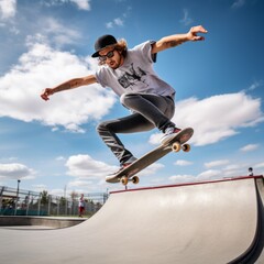 Aerial Artistry: Stylish Skaterboy Executes a Kickflip on the Ramp in the Thrills of Skate Park Action