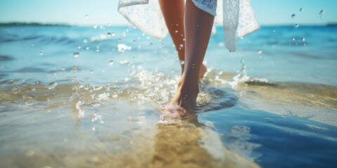 Barefoot womans feet walking with water splashes along the shoreline on beach at sunny day, creating a dynamic and refreshing scene. Themes of summer, relaxation, vacations and the simple joys of life - Powered by Adobe