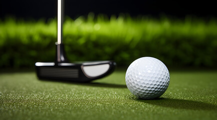 Detailed view of a golf putter with a ball against the serene backdrop of a course.