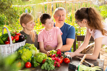 Couple with boy and teen girl spending time together chatting and having fun at homestead with...