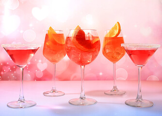 Festive alcoholic cocktail Aperol spritz and red martini in glasses on a bright background, bar concept and New Year's Eve, alcoholic drinks at a party, advertising for a restaur