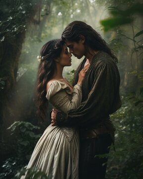 Intimate fantasy couple in the forest