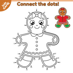 Dot to dot game for children. Christmas gingerbread girl. Connect the dots by numbers and draw a cartoon New Year cookies. Educational puzzle for kids. Vector illustration of the holiday biscuit.