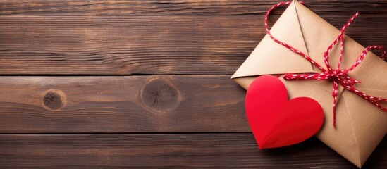 On Valentine s Day a wooden heart shaped ornament adorned with a red paper envelope and decorated...