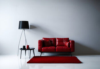 Design scene with burgundy red leather sofa, black lamp, coffee table and empty and red carpet. Copy space