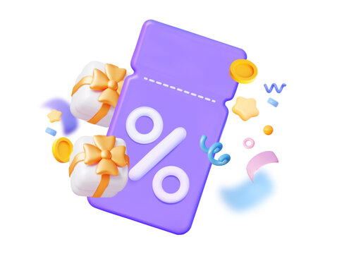 Promo Code Coupon ticket with gift box flying and confetti. Discount for holiday for marketing and sales. Colorful confetti with golden gifts for New year, birthday and other events. 