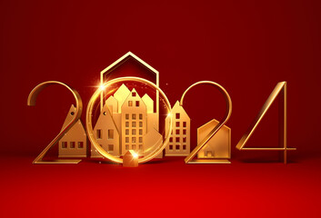 2024 New Year illustration with abstract  golden houses. 3D render. - obrazy, fototapety, plakaty