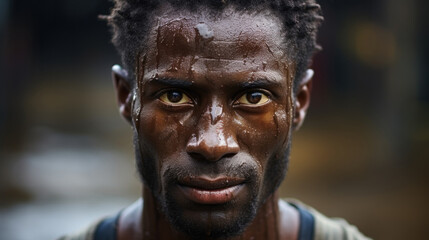 Extremely close up portrait of african man with wet face in the street.