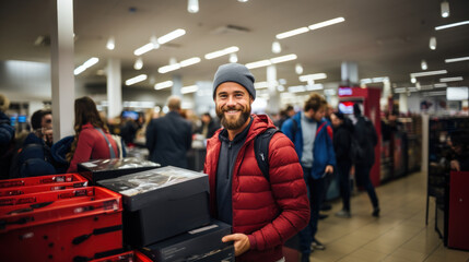 Bearded man in a red jacket and a hat looking at the camera while standing in the shopping center and holding boxes.