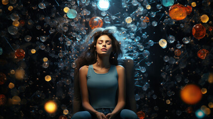 Young woman sitting in an armchair in a dark room and dreaming with abstract bubble background.
