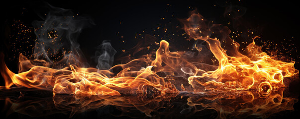 Fire of burning fuel isolated on black background, banner of abstract flame pattern at night. Concept of texture, nature, smoke, wide banner - obrazy, fototapety, plakaty