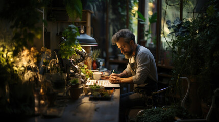 Portrait of a man working in a flower shop, make notes. - obrazy, fototapety, plakaty