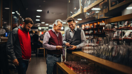 Men choosing alcohol in a liquor store. - obrazy, fototapety, plakaty