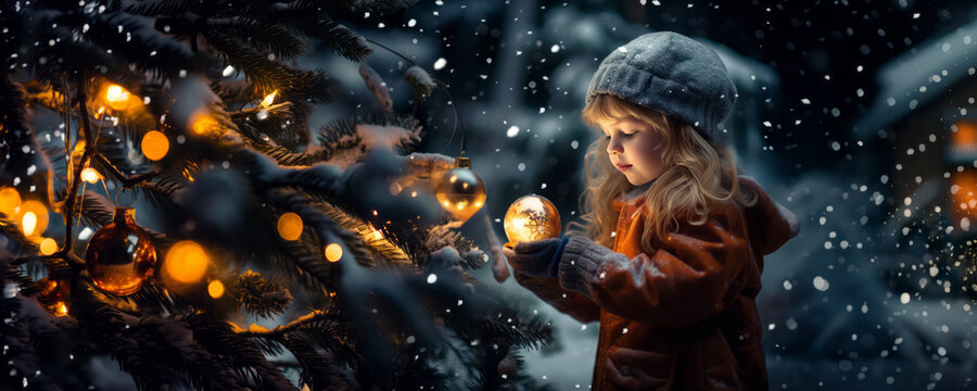 Magical holiday moment: Lovely child girl in snowy night, admiring christmas tree and christmas ball.