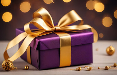 Christmas gift box with golden bow and decoration on bokeh background