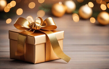 Christmas gift box with golden bow and decoration on bokeh background