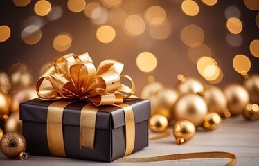 Christmas gift box with golden bow and decoration on bokeh background