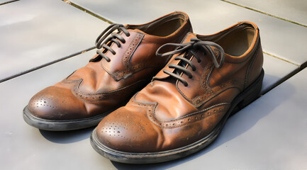 Elegant yet old and aged leather dress shoes with a history of wear.