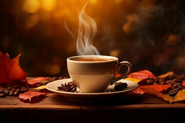 Create a captivating and autumn-themed setup. Shot of cup of hot coffee
