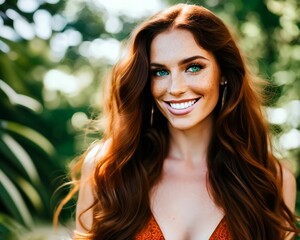 Fototapeta premium a beautiful young woman with long, wavy brown hair, smiling and posing for a picture. generative ai