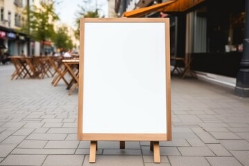 Blank mock up of vertical street poster billboard on city background. blank white with wooden frame signboard