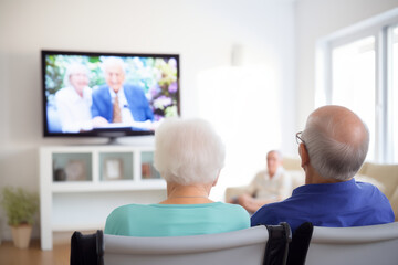 A group of elderly people gathered in a nursing home, sharing moments of television entertainment. Emphasizing the essential protection and care that our seniors deserve. - obrazy, fototapety, plakaty