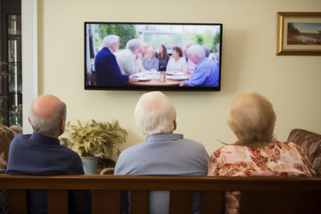 A group of elderly individuals sitting in a nursing home, enjoying television. Emphasizing the importance of protecting and caring for our seniors. - obrazy, fototapety, plakaty