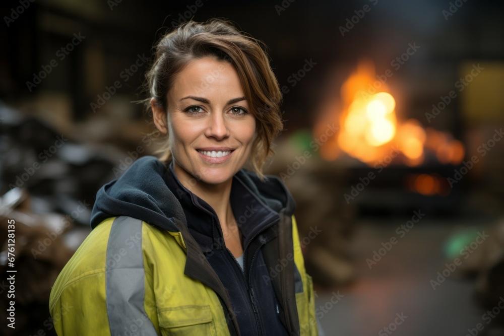 Canvas Prints A woman at a waste processing plant. Garbage collection and disposal. Portrait with selective focus and copy space