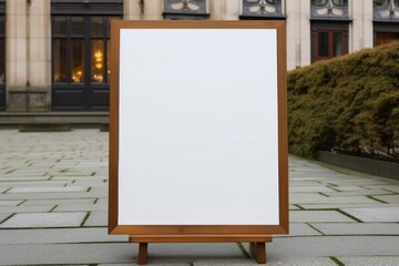 Blank mock up of vertical street poster billboard on city background. blank white with wooden frame signboard