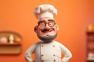 3D character of a chef in a chef's hat and apron, set against a pastel coral background. generative AI