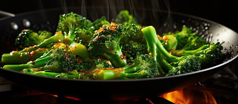 Stir frying Broccolini in a Thai kitchen against the isolated green background brings together the best of nature and food adding a healthy touch to the meal s nutrition with its high water 