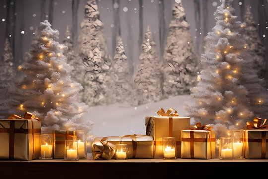 Winter Romance: Snow-Dusted Christmas Tree on Wooden Backdrop with Light Brown and Gold Accents