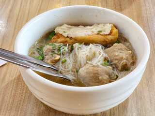 bakso, meatball in soup and vermicelli rice, indonesia dish