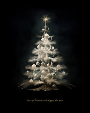 Christmas greeting card on black background with illuminated tree and ornaments. With copyspace.